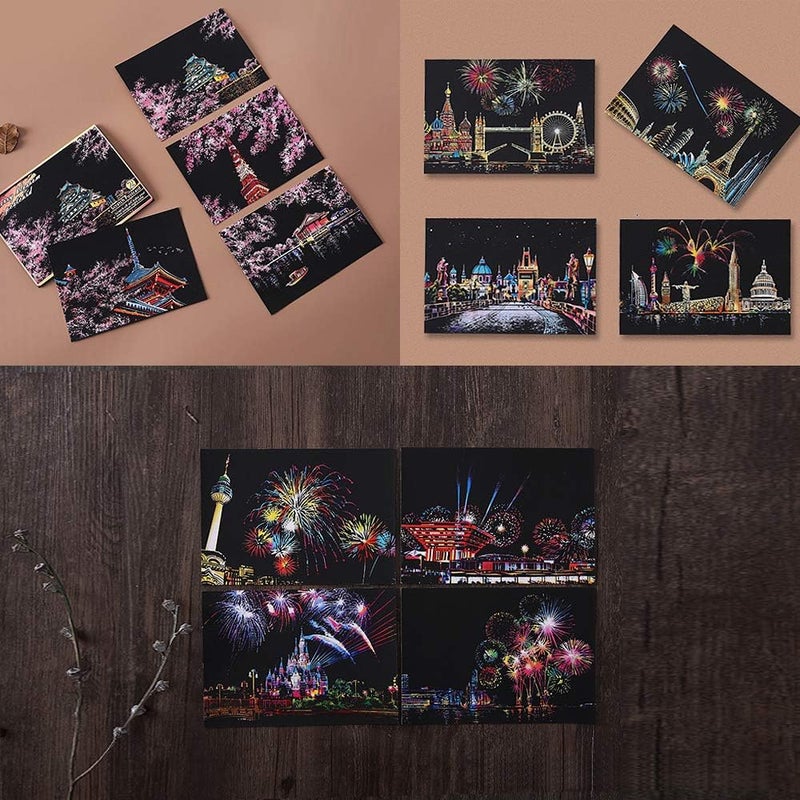 MIASTAR Scratch Art Paper, Rainbow Night View Scratchboard Pads for Adults and Kids, Mini Envelope Postcard Art & Crafts Set: 12 Sheets Scratch Cards & Scratch Drawing Pen, Brush 7.9"x5.5" (Fireworks Series) - Image 2