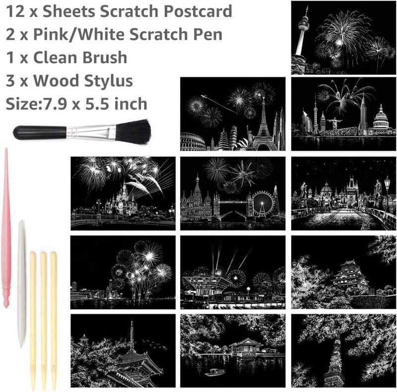 MIASTAR Scratch Art Paper, Rainbow Night View Scratchboard Pads for Adults and Kids, Mini Envelope Postcard Art & Crafts Set: 12 Sheets Scratch Cards & Scratch Drawing Pen, Brush 7.9"x5.5" (Fireworks Series) - Image 3
