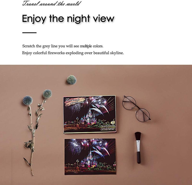 MIASTAR Scratch Art Paper, Rainbow Night View Scratchboard Pads for Adults and Kids, Mini Envelope Postcard Art & Crafts Set: 12 Sheets Scratch Cards & Scratch Drawing Pen, Brush 7.9"x5.5" (Fireworks Series) - Image 5