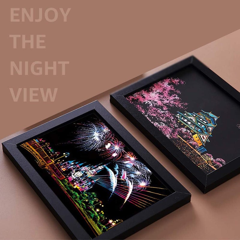 MIASTAR Scratch Art Paper, Rainbow Night View Scratchboard Pads for Adults and Kids, Mini Envelope Postcard Art & Crafts Set: 12 Sheets Scratch Cards & Scratch Drawing Pen, Brush 7.9"x5.5" (Fireworks Series) - Image 4