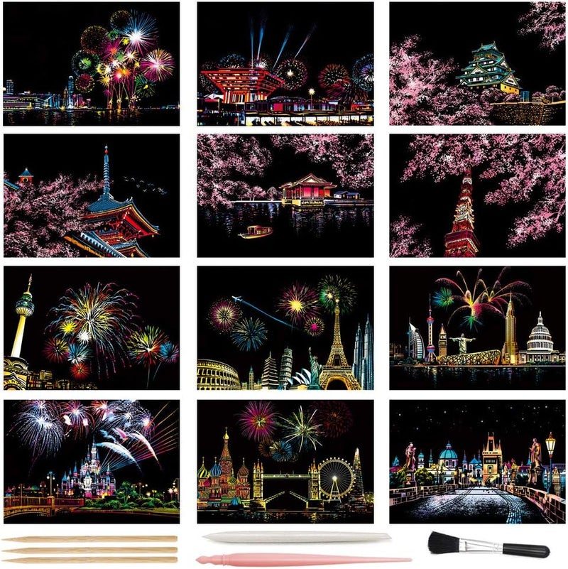 MIASTAR Scratch Art Paper, Rainbow Night View Scratchboard Pads for Adults and Kids, Mini Envelope Postcard Art & Crafts Set: 12 Sheets Scratch Cards & Scratch Drawing Pen, Brush 7.9"x5.5" (Fireworks Series) - Image 1