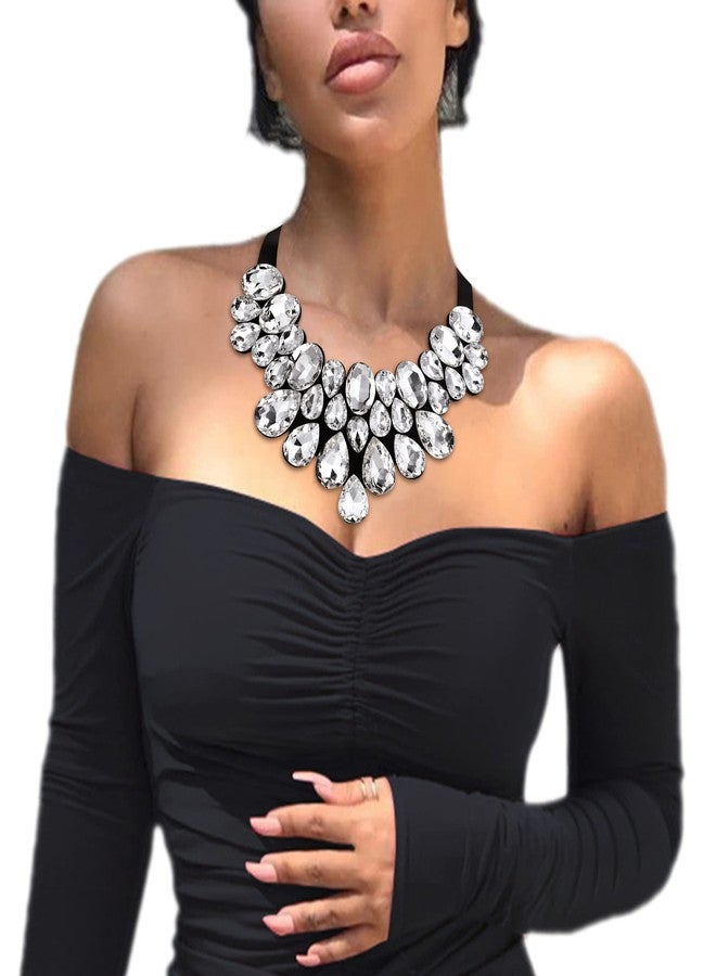 Flyonce Rhinestone Statement Necklace Chunky Choker Crystal Costume Jewelry for Women Clear Black-Tone - Image 4