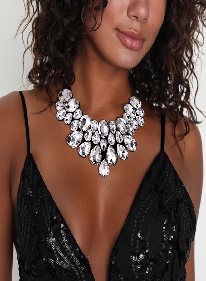 Flyonce Rhinestone Statement Necklace Chunky Choker Crystal Costume Jewelry for Women Clear Black-Tone - Image 2