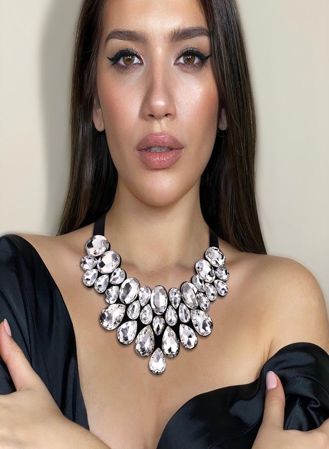 Flyonce Rhinestone Statement Necklace Chunky Choker Crystal Costume Jewelry for Women Clear Black-Tone - Image 3