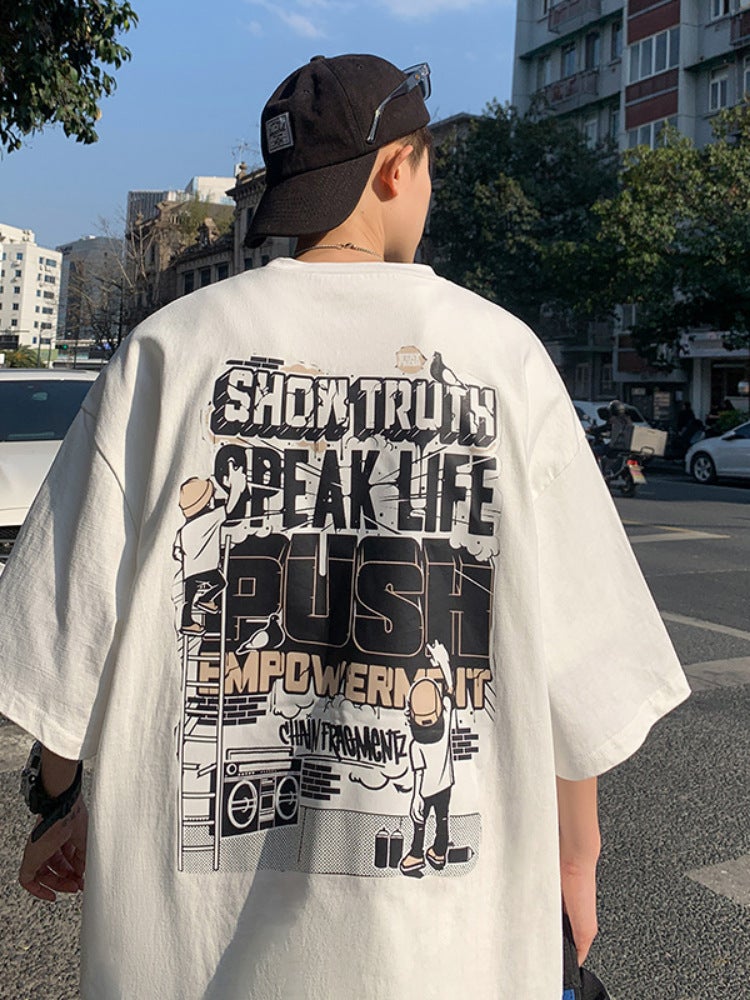 Cross-border ins short-sleeved T-shirt boys Hong Kong style printed round neck T-shirt Hong Kong style simple all-match fashion brand top clothes - Image 2