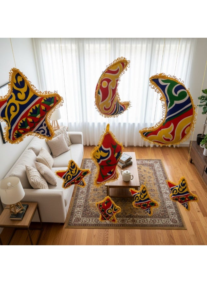 3 مجموعات (9 قطع) من وسائد الزينة الرمضانية - بنمط الخيامية التقليدي (هلال، نجمة، وفانوس) - Image 2