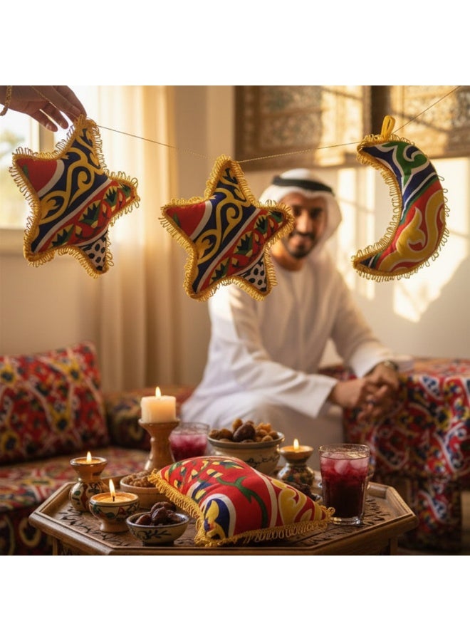 3 مجموعات (9 قطع) من وسائد الزينة الرمضانية - بنمط الخيامية التقليدي (هلال، نجمة، وفانوس) - Image 4
