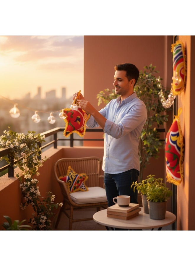 3 مجموعات (9 قطع) من وسائد الزينة الرمضانية - بنمط الخيامية التقليدي (هلال، نجمة، وفانوس) - Image 3