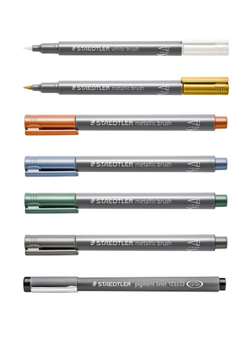 STAEDTLER 6-Piece Metallic Marker Brush Pen With One Pigment Liner - Image 2
