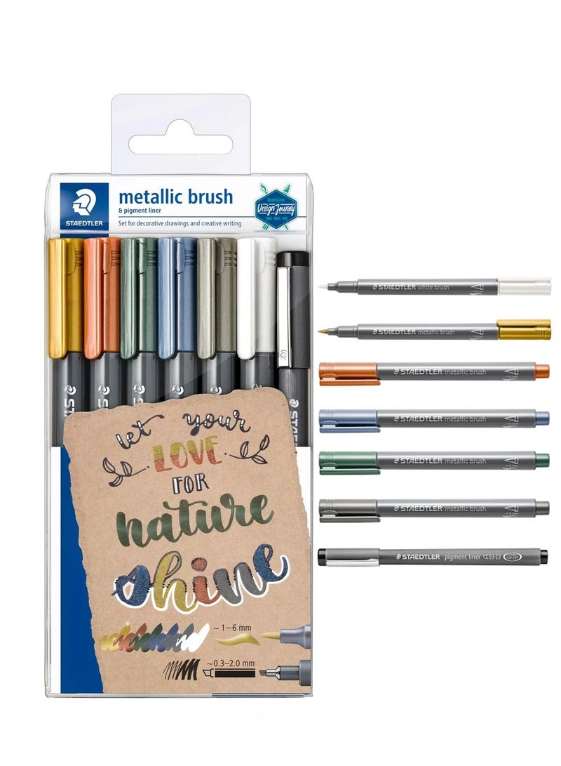 STAEDTLER 6-Piece Metallic Marker Brush Pen With One Pigment Liner - Image 1