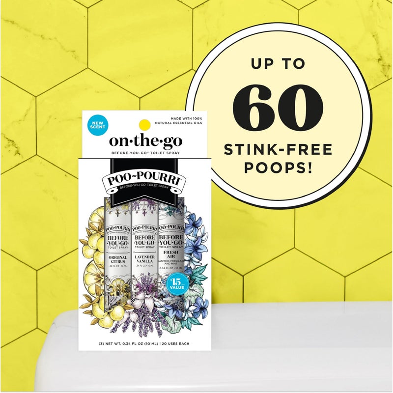Poo-Pourri Before-You-Go Toilet Spray, Travel Essentials, .34 Fl Oz, In A Pinch Variety 3 Pack, Each Up to 20 Uses, On-The-Go Bathroom Odor Deodorizer with Essential Oils, TSA Approved Size, 3 Scents - Image 4