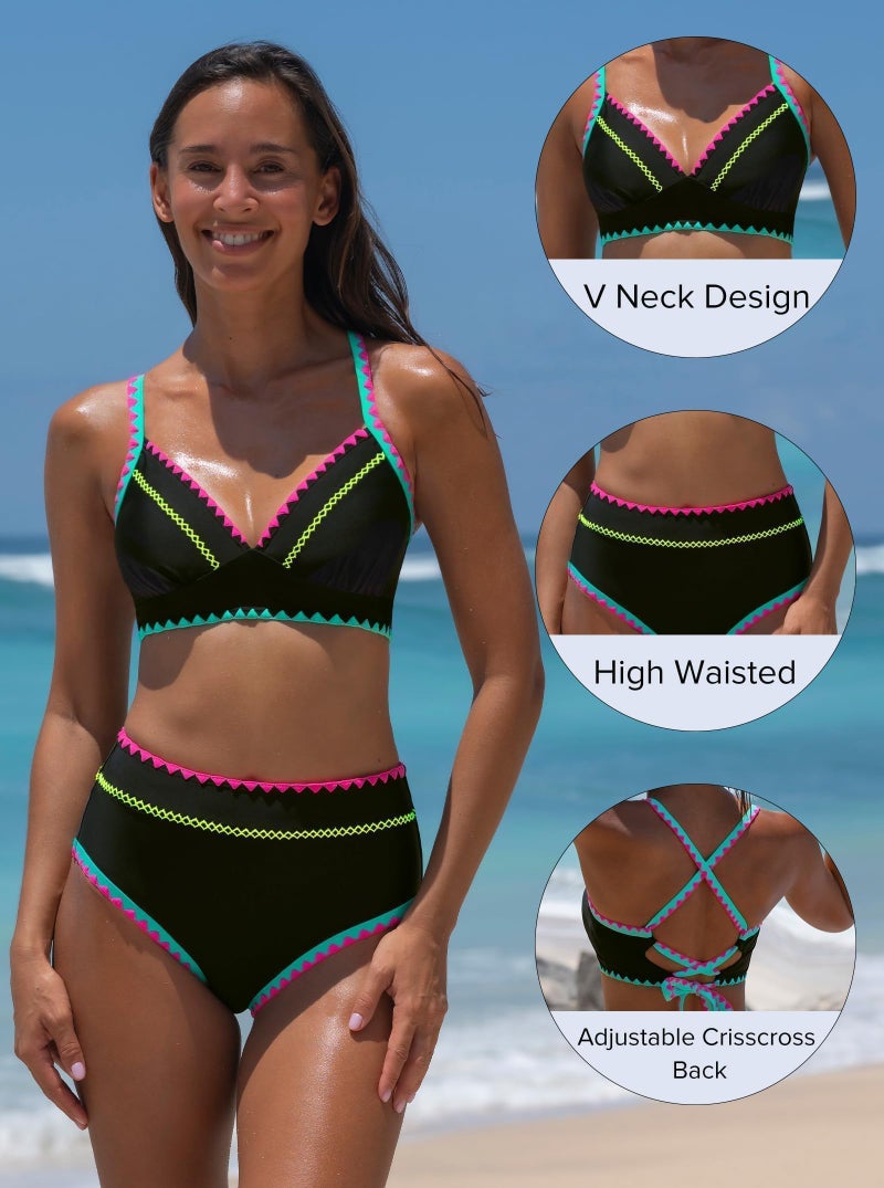 popvil High Waisted Bikini Sets for Women Two Piece Neon Swimsuits 2026 Full Coverage V Neck Black Flattering Bathing Suits Ladies Mom Beach (Black) - Image 4