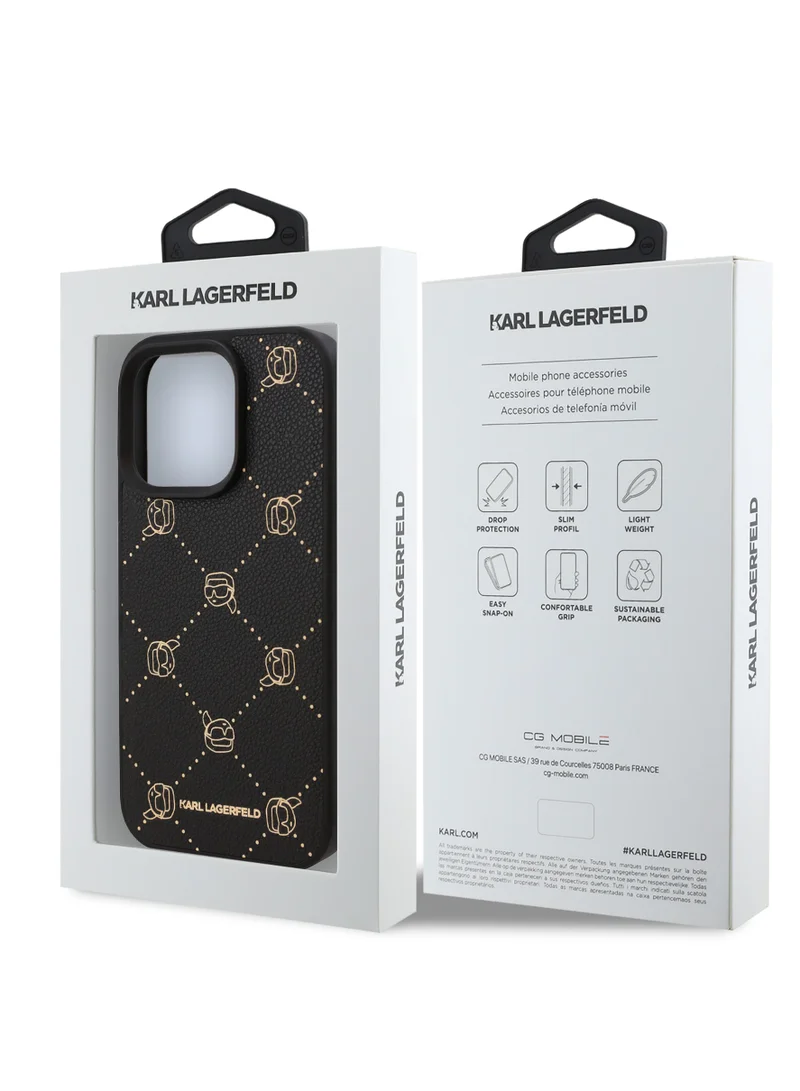 Karl Lagerfeld iPhone 16 Pro Case PU Hard cover with Karl Head / Drop and Shock Absorption / Precise Port Cutouts / Slim and Lightweight / Comfortable Grip - Black
