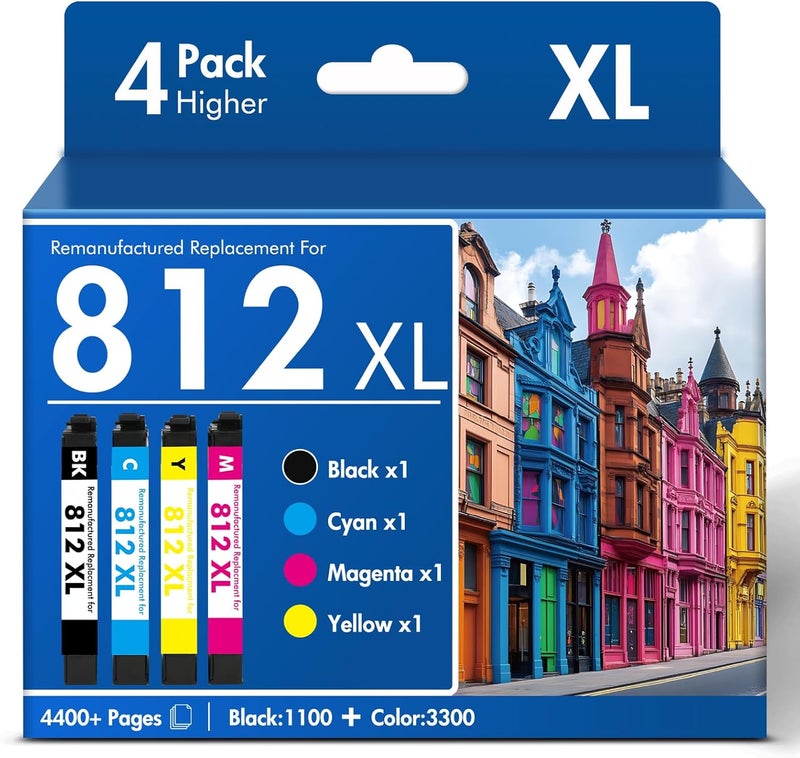حزمة خراطيش الحبر 812XL 812 WF-7840 المدمجة المعاد تصنيعها لطابعة Epson 812XL 812 XL حبر لطابعة Epson Workforce Pro WF-7820 7820 WF-7840 7840 WF-7310 7310 EC-C7000، 4 عبوات (أسود/سماوي/أرجواني/أصفر) - Image 1