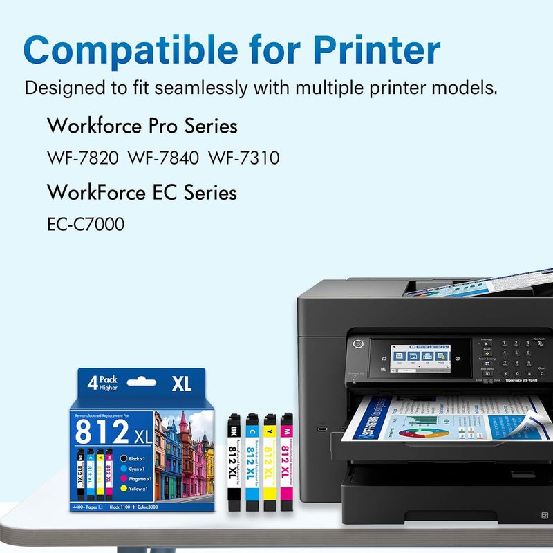 حزمة خراطيش الحبر 812XL 812 WF-7840 المدمجة المعاد تصنيعها لطابعة Epson 812XL 812 XL حبر لطابعة Epson Workforce Pro WF-7820 7820 WF-7840 7840 WF-7310 7310 EC-C7000، 4 عبوات (أسود/سماوي/أرجواني/أصفر) - Image 2