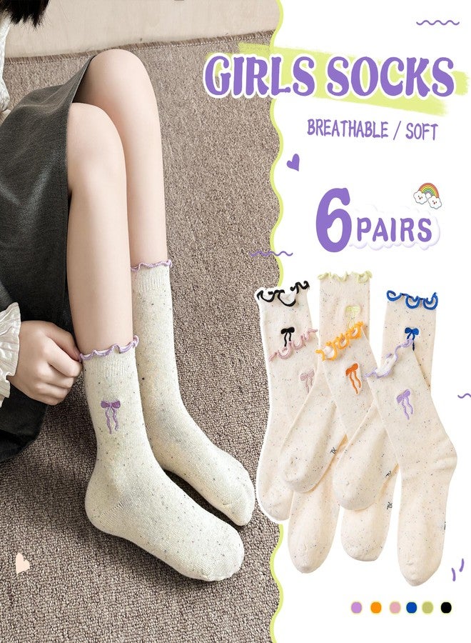 SeeyAN Girls Ruffle Socks Frilly Kids Crew Dress Cotton Soft Cute Toddler Socks 6 Pairs (6 Pairs Bowknot, 6-8 Years) - Image 5