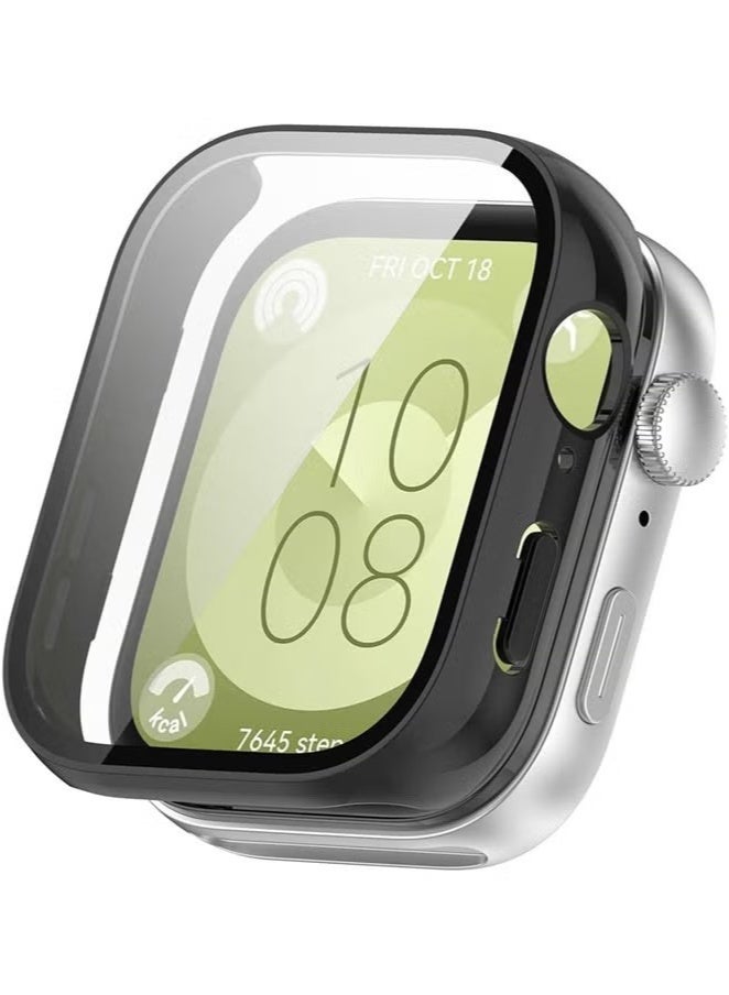 Huawei Watch Fit 3 Case Hard PC Case with Tempered Glass Screen Protectors Full Protective Cover(Black) - Image 1