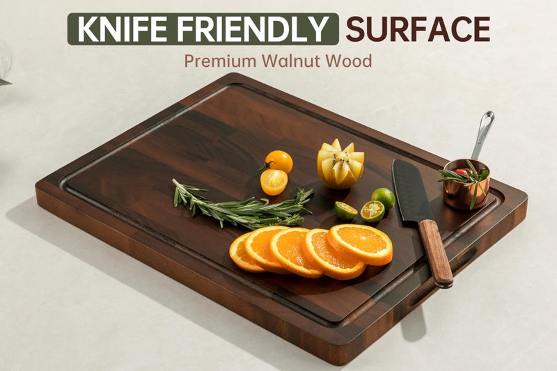 THETCHRY Walnut Cutting Boards For Kitchen, End Grain Wooden Cutting Board with Handle, Dark Walnut Chopping Board Double Sided Charcuterie Boards For Meat, Vegetables, Fruits, Cheese, 17â€X13â€ X1â€ - Image 4