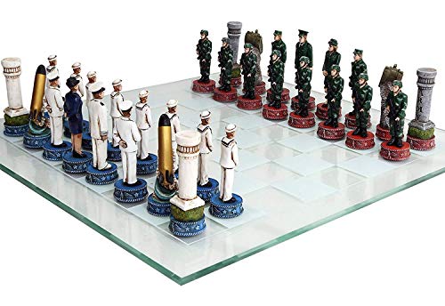 Pacific Giftware مجموعة شطرنج الجيش الأمريكي ضد البحرية الأمريكية مزينة يدويًا مع لوحة زجاجية للاعبين 2 أعمار 12 - Image 1