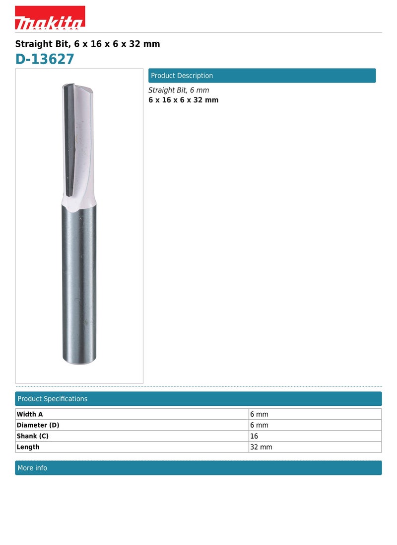 Makita Power Tools Makita D-13627 Straight Bit 6mm Shank for Woodworking, Carbide Cutting Edges, 6 x 16 x 6 x 32mm  - Image 2