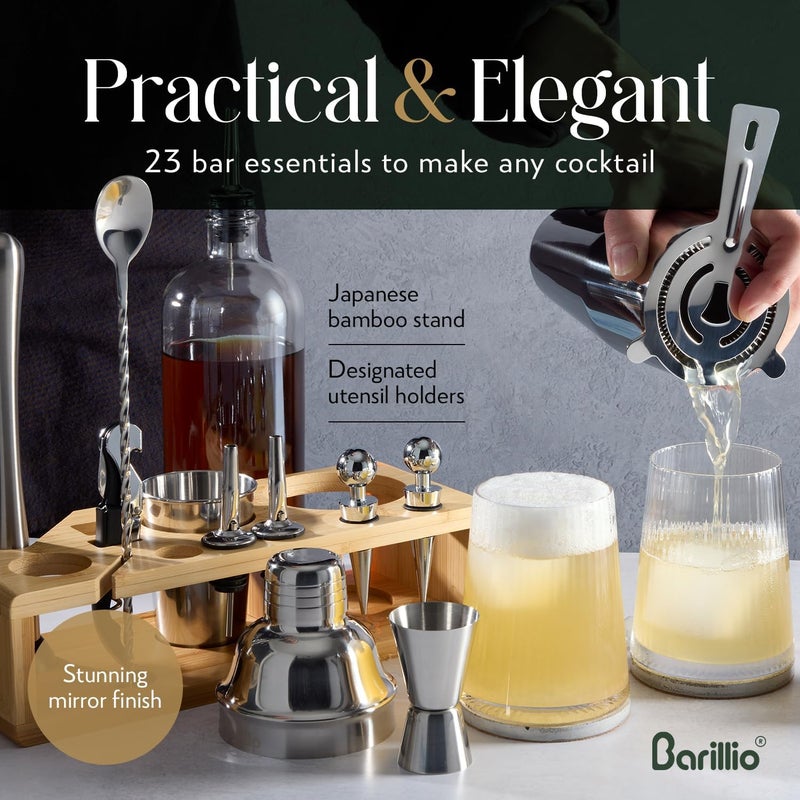 barillio Bartender Kit - Stainless-Steel Cocktail Shaker Set w/Bamboo Stand - Mixology Bar Tools w/Drink Shaker, Mixer Spoon & Muddler for Cocktails - Home Bar Accessories - 23-Pc Bar Set - Silver - Image 3