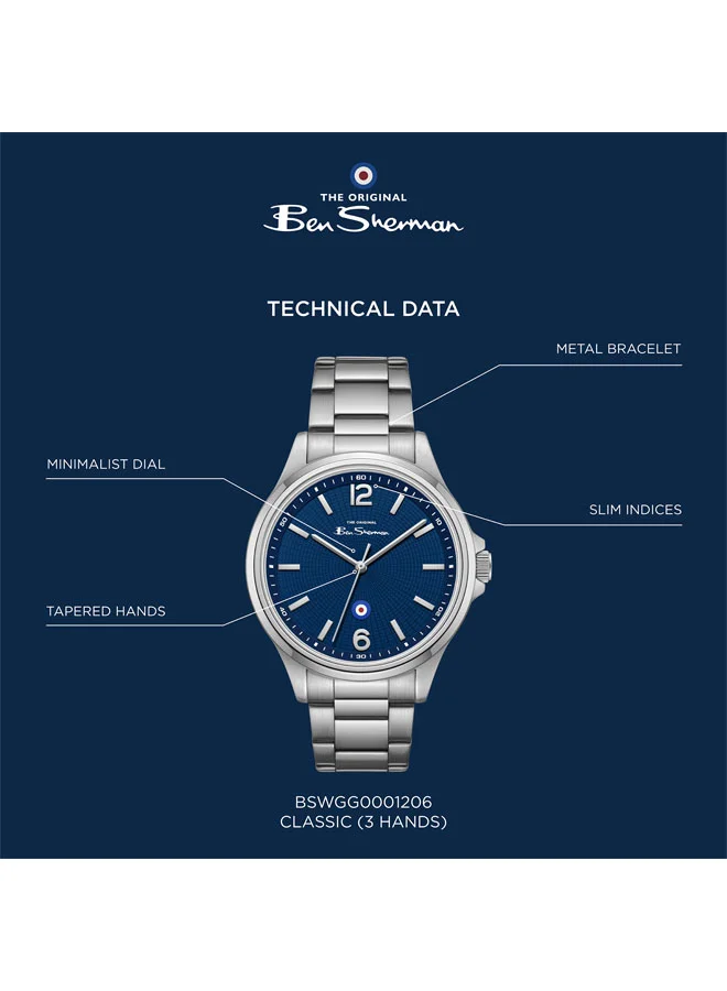 Ben Sherman silver Westminster Blue Dial Stainless Steel Bracelet Analog Watch for Men, 43mm for Men | Best Price UAE