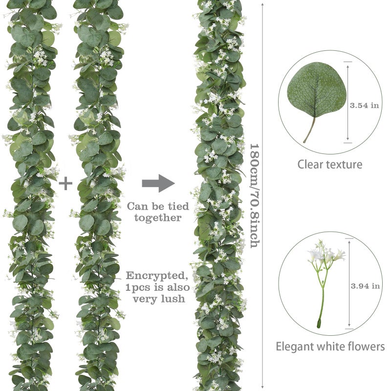 KHOYIME Eucalyptus Garland with White Flowers, 4 Packs 5.9Ft Artificial Silver Dollar Eucalyptus Leaves Plant Fake Greenery Hanging Ivy Vines Faux Wreath for Wedding Arch Party Mantle Table Home Decor - Image 3