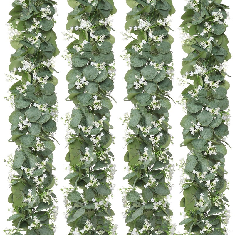 KHOYIME Eucalyptus Garland with White Flowers, 4 Packs 5.9Ft Artificial Silver Dollar Eucalyptus Leaves Plant Fake Greenery Hanging Ivy Vines Faux Wreath for Wedding Arch Party Mantle Table Home Decor - Image 1