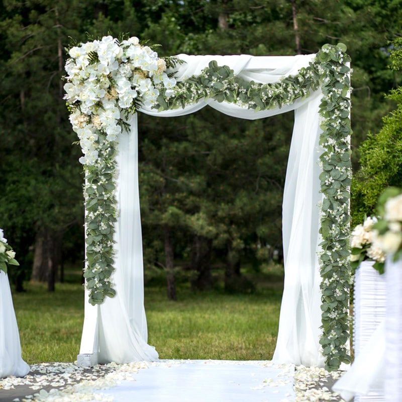 KHOYIME Eucalyptus Garland with White Flowers, 4 Packs 5.9Ft Artificial Silver Dollar Eucalyptus Leaves Plant Fake Greenery Hanging Ivy Vines Faux Wreath for Wedding Arch Party Mantle Table Home Decor - Image 2
