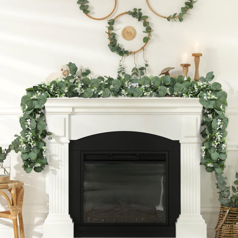 KHOYIME Eucalyptus Garland with White Flowers, 4 Packs 5.9Ft Artificial Silver Dollar Eucalyptus Leaves Plant Fake Greenery Hanging Ivy Vines Faux Wreath for Wedding Arch Party Mantle Table Home Decor - Image 5