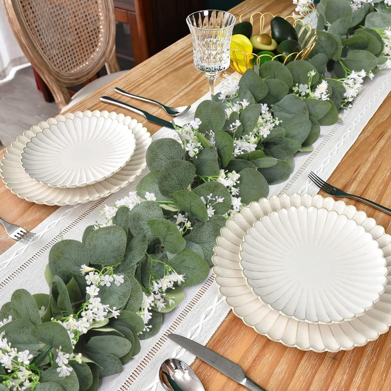 KHOYIME Eucalyptus Garland with White Flowers, 4 Packs 5.9Ft Artificial Silver Dollar Eucalyptus Leaves Plant Fake Greenery Hanging Ivy Vines Faux Wreath for Wedding Arch Party Mantle Table Home Decor - Image 4