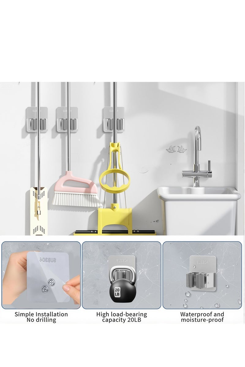 Mop Broom Holder Wall Mount, Stainless Steel, Rust Resistant, Heavy Duty, No Drill,Self-adhesive Broom Holder Wall Mount with Hooks 3Pcs for Bathroom, Kitchen, Garage, Nickel - Image 2