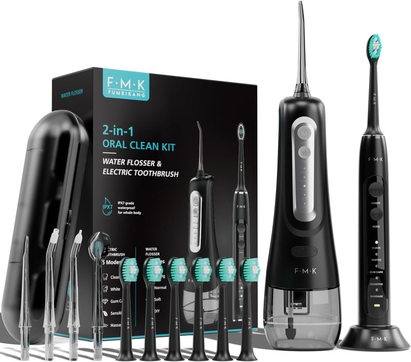FUMEIKANG Water Flosser & Electric Toothbrush for Adults Oral Irrigator & Sonic Toothbrush 2-1 Oral Clean Kit (Black) - Image 1