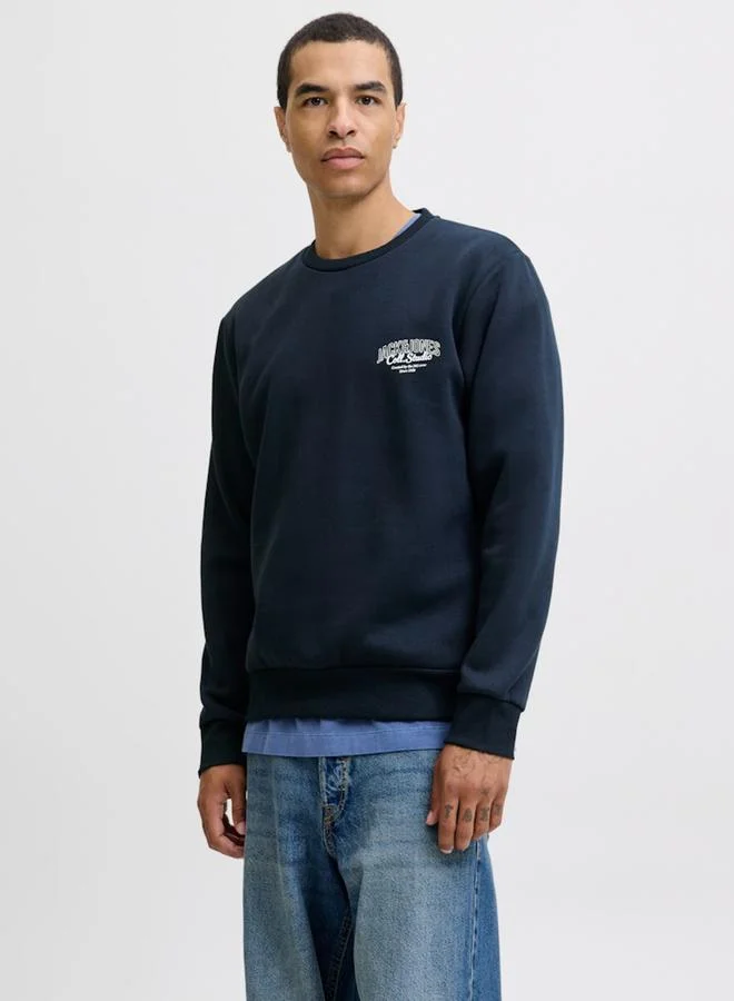 JACK & JONES Navy Blue Printed Round Neck Sweatshirt