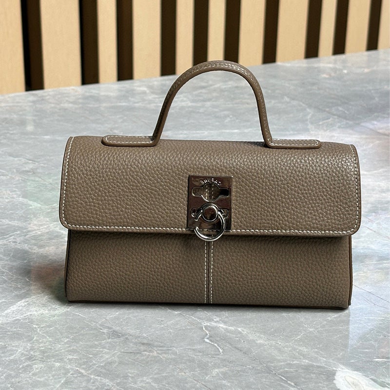 2025 Spring And Entry Light Luxury Small Crowdsourced Bag Genuine Leather Vintage Small Square Bag Elephant Grey Handbag Shoulder Crossbody Bag - Image 2