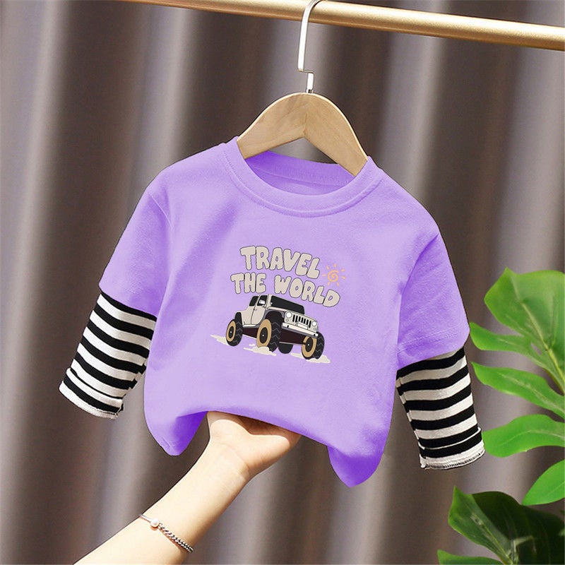 G2226# Boys Cotton T-Shirt Loose New Cuhk Children Autumn Fake Two-Piece Coat Children'S Western Style Tide - Image 1