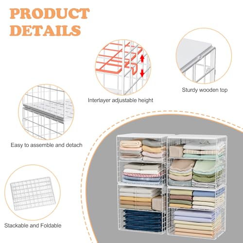 Huxitocan 4-Tier Stackable Closet Organizers and Storage Shelves, Closet Storage Basket with Wood Tops, Adjustable Height Dividers Closet Storage Bins for Home Closet Organizer System, White - Image 2