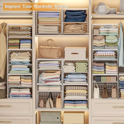 Huxitocan 4-Tier Stackable Closet Organizers and Storage Shelves, Closet Storage Basket with Wood Tops, Adjustable Height Dividers Closet Storage Bins for Home Closet Organizer System, White - Image 4