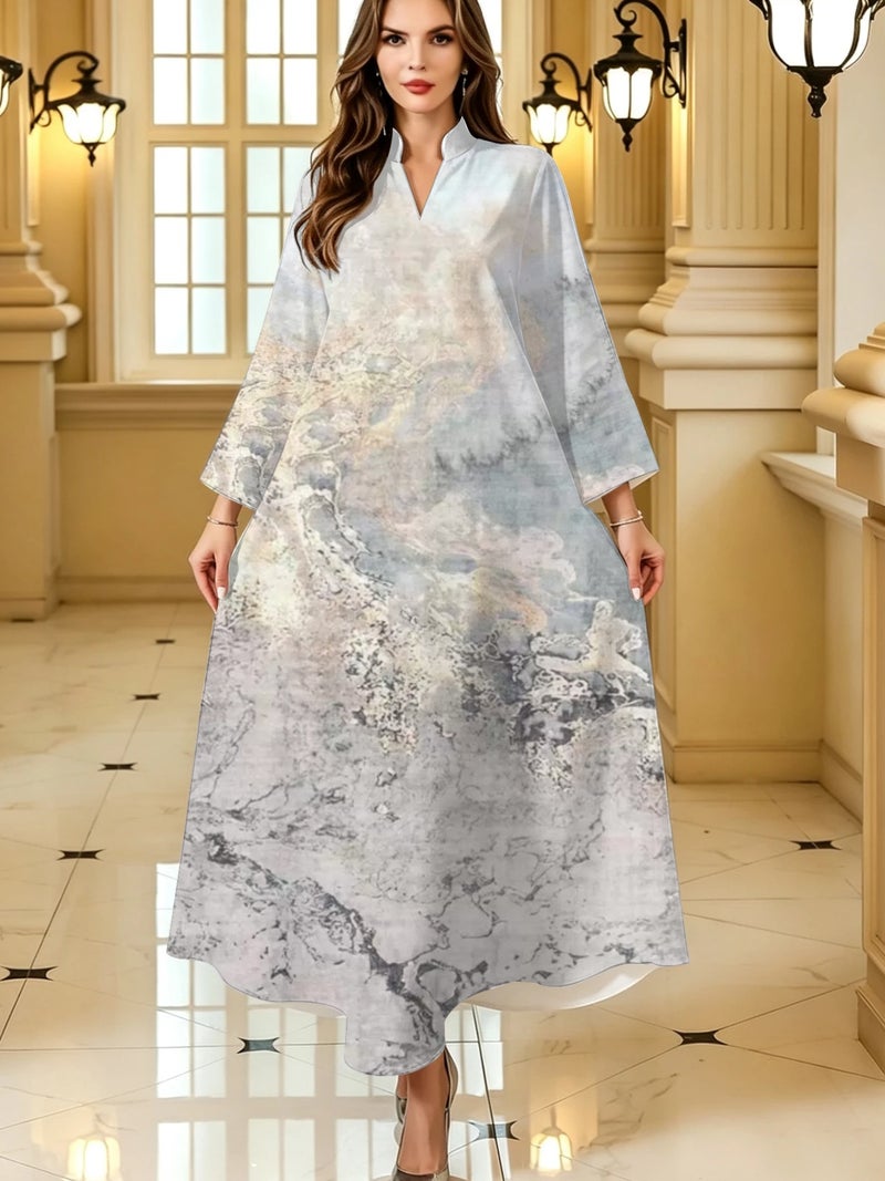 Grey‑Tone Marble Watercolor Print Loose Long‑Sleeve Abaya - Image 1