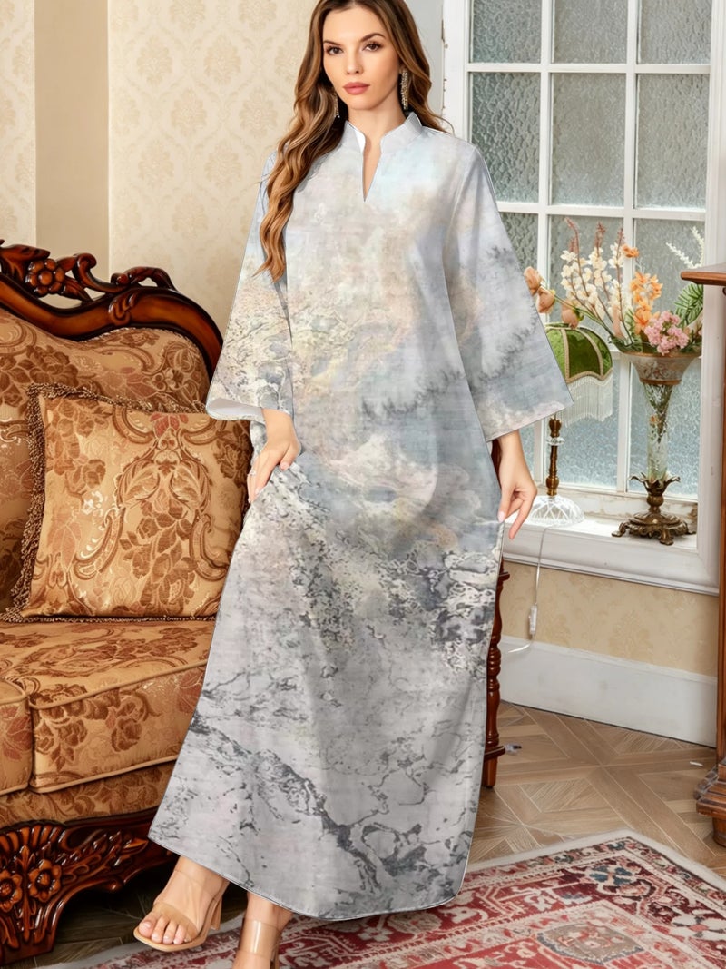 Grey‑Tone Marble Watercolor Print Loose Long‑Sleeve Abaya - Image 3