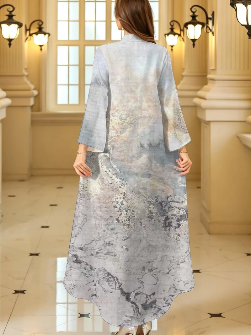 Grey‑Tone Marble Watercolor Print Loose Long‑Sleeve Abaya - Image 4