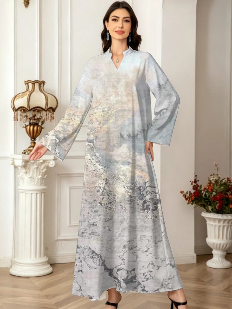 Grey‑Tone Marble Watercolor Print Loose Long‑Sleeve Abaya - Image 2