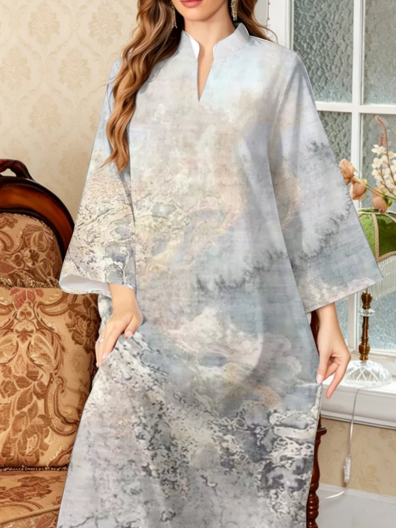 Grey‑Tone Marble Watercolor Print Loose Long‑Sleeve Abaya - Image 5