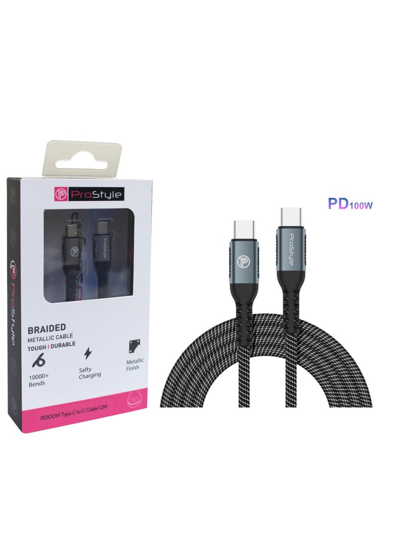 Prostyle 100W USB Type C to C 1.2 Meter Cable Nylon Braided (C to C) Compatible For iPhone 16 15 Pro Max iPad Pro Air mini 6 MacBook Pro Air Galaxy S24 S23 Ultra Z Fold - Black  - Image 1