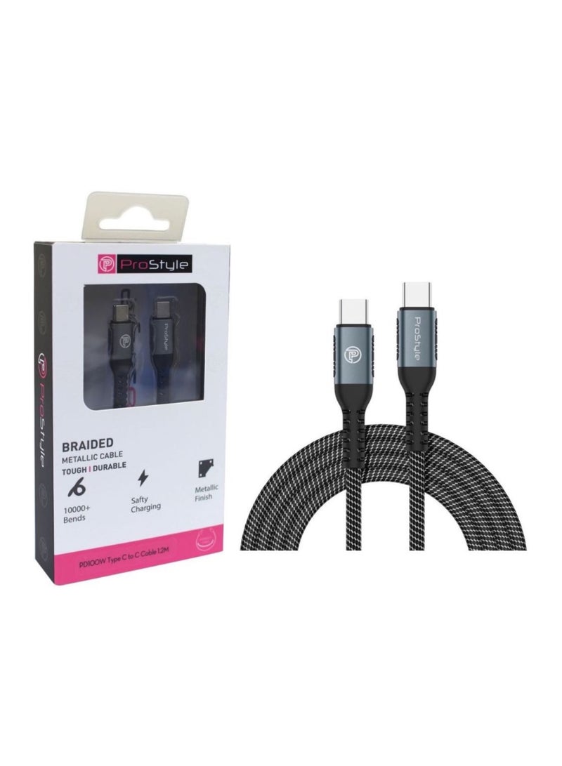 Prostyle 100W USB Type C to C 1.2 Meter Cable Nylon Braided (C to C) Compatible For iPhone 16 15 Pro Max iPad Pro Air mini 6 MacBook Pro Air Galaxy S24 S23 Ultra Z Fold - Black - Image 1