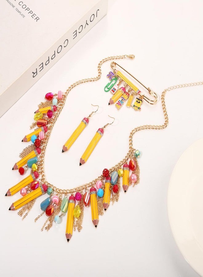 PHALIN Teacher Jewelry Set for Women Yellow Pencil Pendant Necklace Brooch Dangle Earrings Teacher Appreciation Gifts Accessories Back to School Outfits (Style A) - Image 3