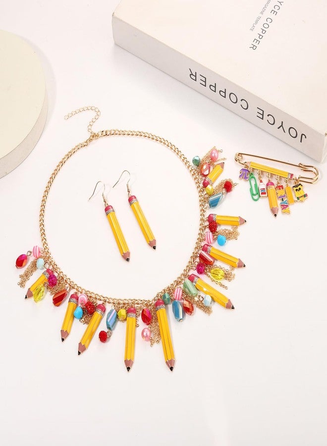 PHALIN Teacher Jewelry Set for Women Yellow Pencil Pendant Necklace Brooch Dangle Earrings Teacher Appreciation Gifts Accessories Back to School Outfits (Style A) - Image 2
