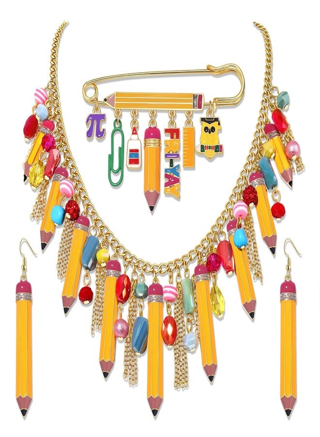 PHALIN Teacher Jewelry Set for Women Yellow Pencil Pendant Necklace Brooch Dangle Earrings Teacher Appreciation Gifts Accessories Back to School Outfits (Style A) - Image 1
