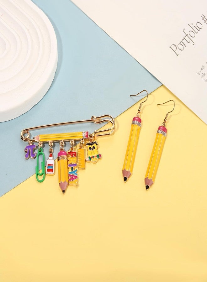 PHALIN Teacher Jewelry Set for Women Yellow Pencil Pendant Necklace Brooch Dangle Earrings Teacher Appreciation Gifts Accessories Back to School Outfits (Style A) - Image 4