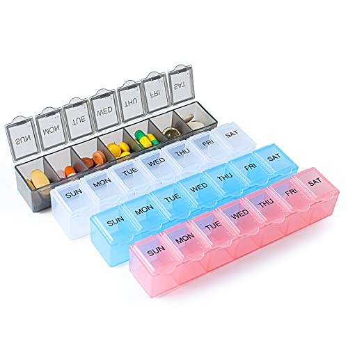 Qeedy 4 Pack Weekly Pill Organizer, 7 Days Pill Case Travel Daily Pill Box Portable Medicine Organizer and Planner with Compartment for Vitamins, Fish Oil, Supplements and Medication (4 Colors) - Image 1